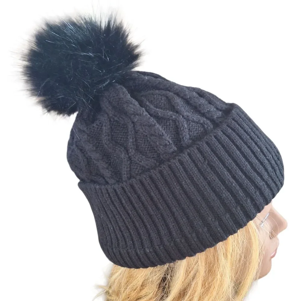 Women's Beanie Hat Black Cable Knit with Fuzzy Pom Pom Top Plushy Lining OS